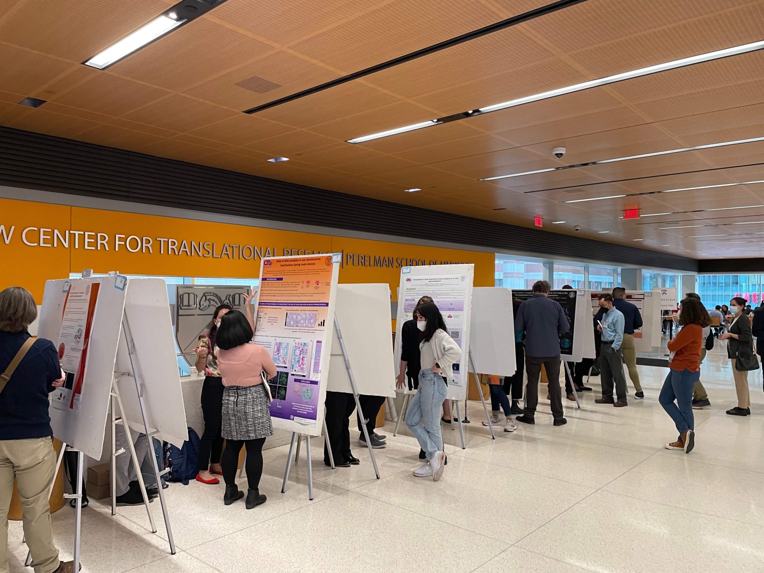 Large group of attendees with scientific posters presented by Cornell, Penn, and Pittsburgh trainees in a conference hall